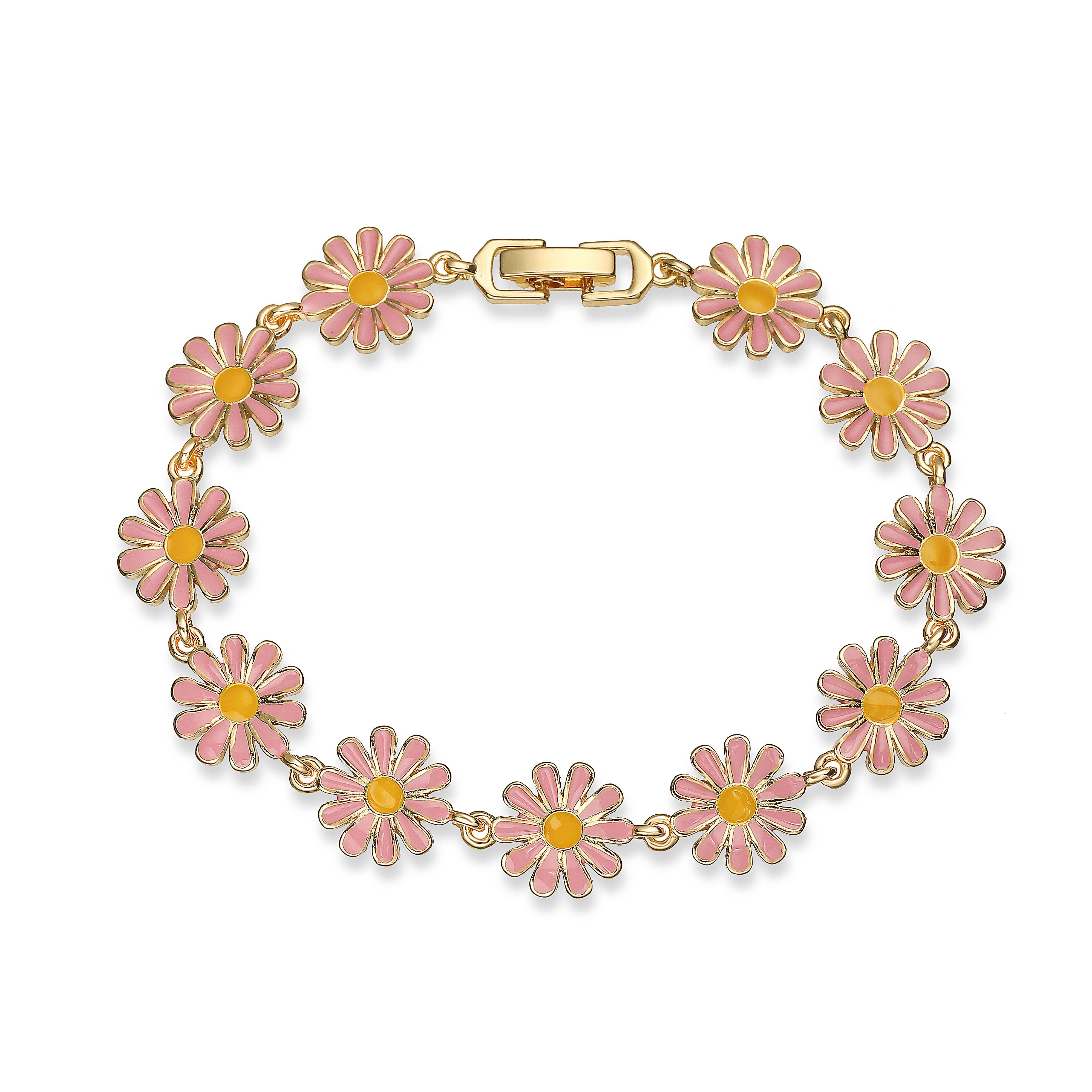 

HECHENG, Enamel Chrysanthemum Flower Bracelet Pink/White Sweet Romantic Women s Party Banquet Metal Bracelet Zircon Other&19cm розовый