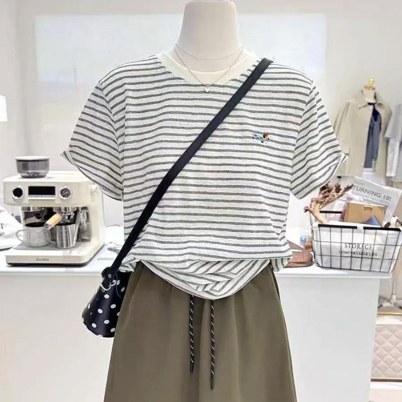 Pure Cotton Striped Embroidered Puppy Summer New Korean Cartoon Loose Slimming Short-sleeved Bottoming Shirt T-shirt Women's Half-sleeve