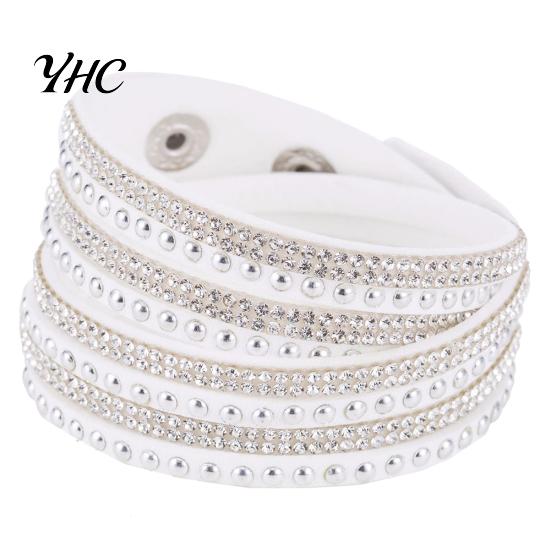 Damska sztuczna skóra błyszcząca, hot fix Rhinestone inkrustowana DIY wielowarstwowa bransoletka prezent