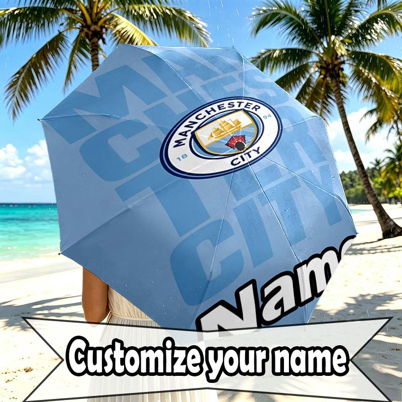 Custom Name Personalized Manchester City FC Print Umbrella, Auto Open Close, 8‑Rib Sturdy Frame, Commute Camping Hiking Use, Birthday Gift