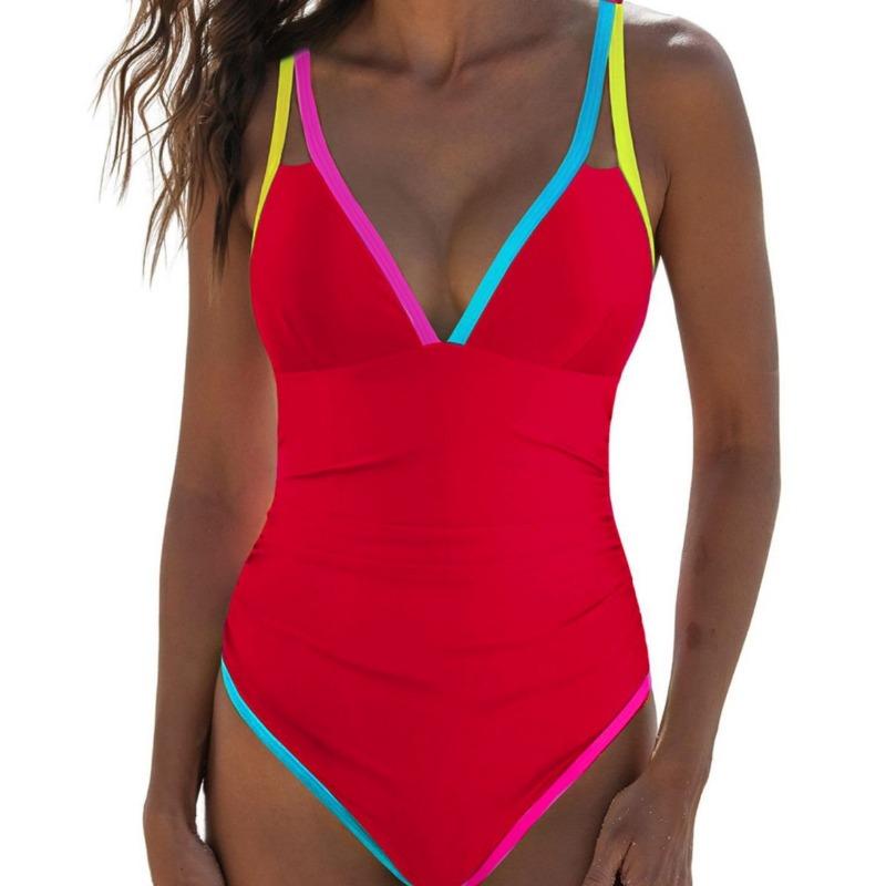 Women S Deep V Neck Sleeveless One Piece Swimsuit With Tie Side Solid Color Contrast Binding