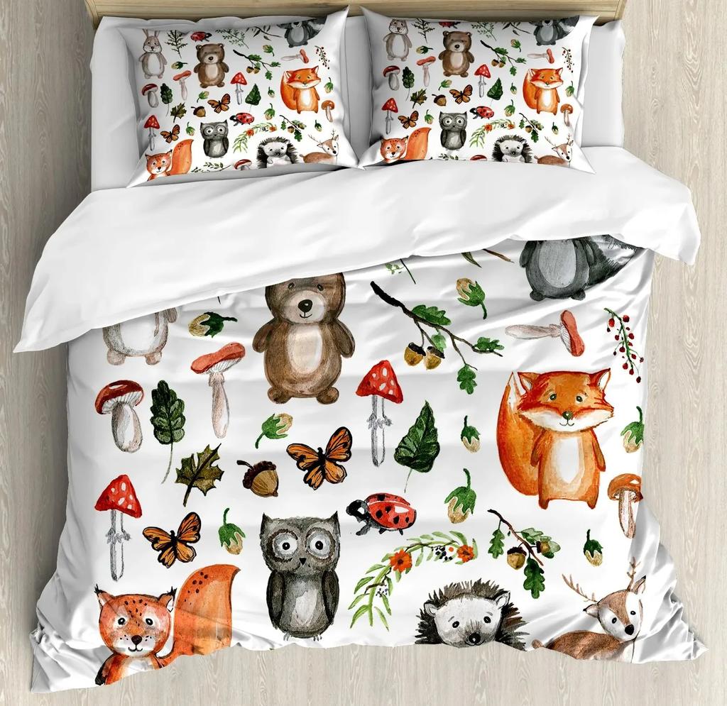 Girls Cartoon Fox Duvet Cover Set Cute Fox Bedding Set Kawaii Animals Comforter Cover Botanical Floral Bedspread Cover Full Size