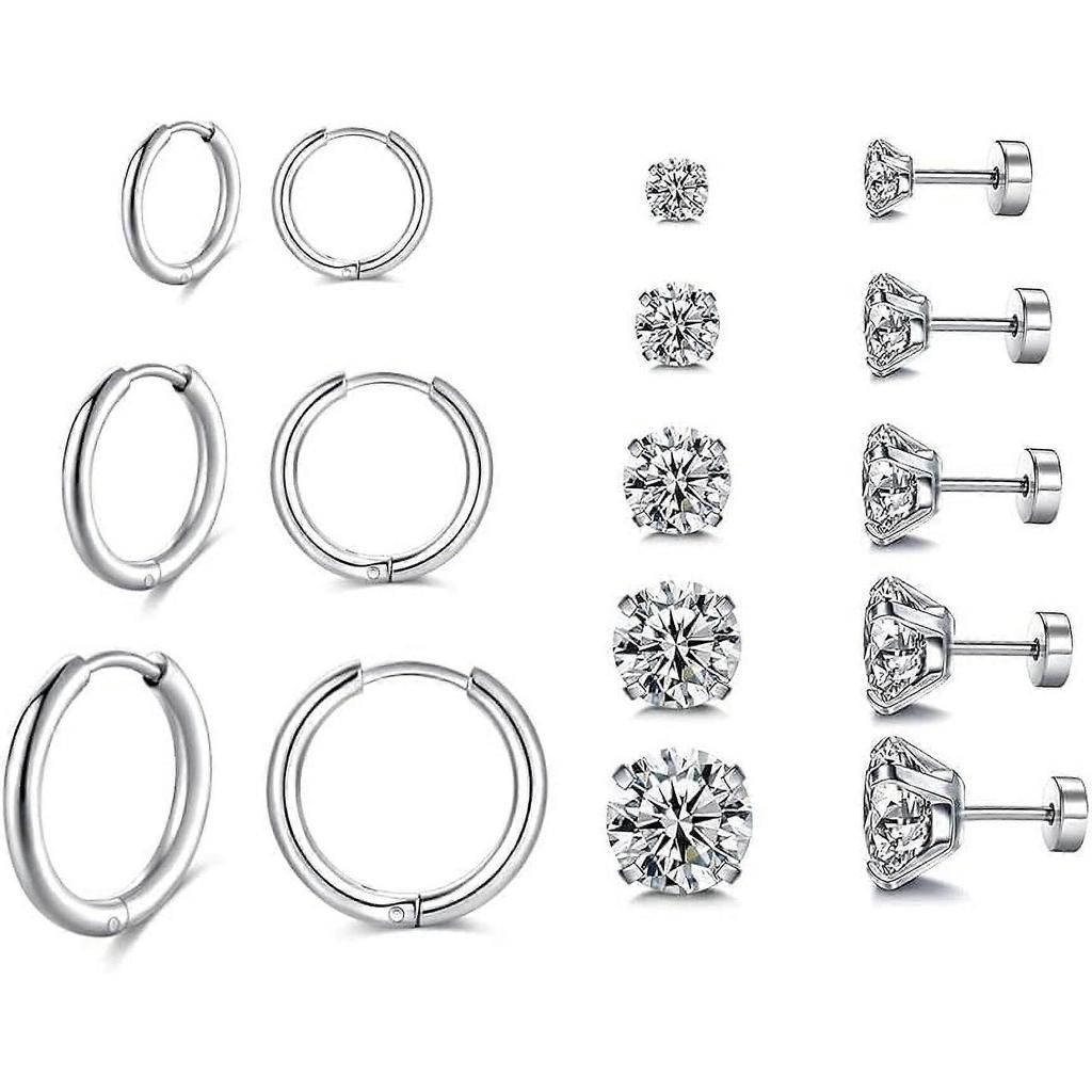 8 Pairs 316L Stainless Steel Flat Back Stud Earrings Lightweight Small Hoop Earrings Set for Women Men, Silver