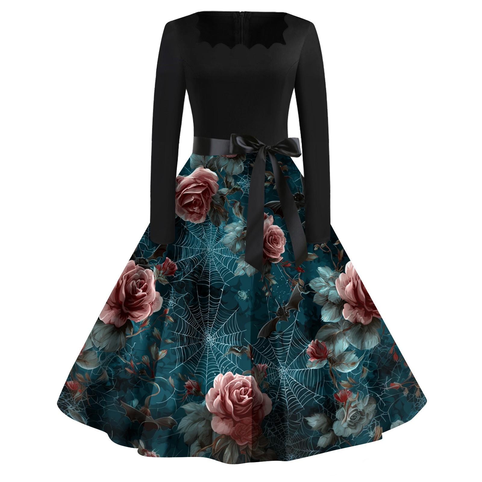 

Women Casual Vintage Dress Long Sleeve Square Neck Floral Print Halloween Party Swing Dress with Waist Tie Belt Elegant Retro Style S