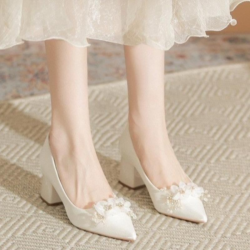 High Heels Spring Summer 2025 New Pearl Elegant Fairy Shoes with Soft Soles and High-grade Champagne Women's Shoes Thick Heel