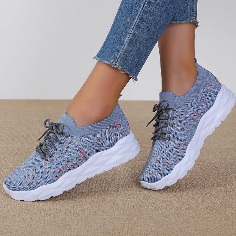 Fashion Mixed Color Knitted Platform Sneakers Women Spring Summer Casual Thick Sole Sports Shoes Woman Lace Up Non Slip Walking Shoes