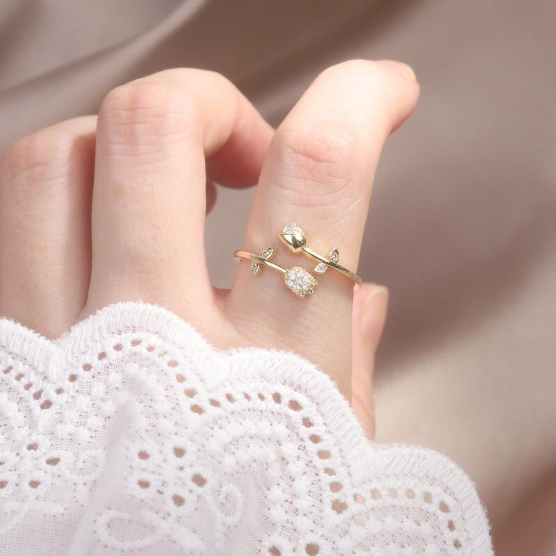 Korea  Design Fashion Jewelry 14K Real Gold Plated Leaf Zircon Cat Double Tulip Ring Elegant Women's Opening Adjustable Ring