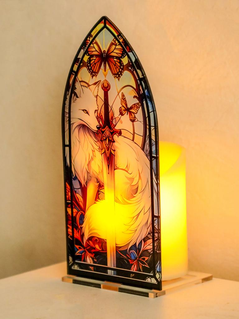 White Fox Pattern Gothic Arch Decor, Acrylic Cndle Holder, Butterfly & Sword Design, Artistic Tabletop Ornaments for Home Gifts