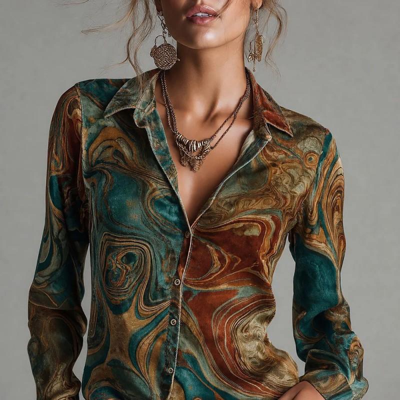 Womens Long Sleeve Polo Shirt Abstract Print Slim Fit Casual Top