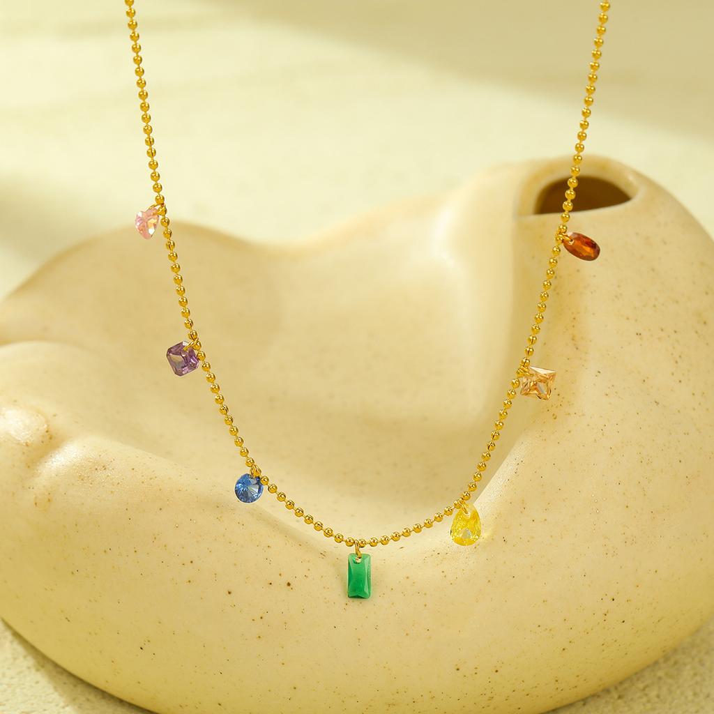 GEMCHIC Women's French Style Colorful Natural Stone Stainless Steel Necklace, Elegant 18K Gold Plated Choker for Daily Wear