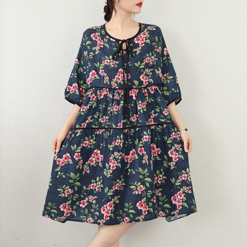 Kurzarm Übergröße Baumwoll-Leinen Vintage floral Neu im Sortiment Kleider für Damen Freizeit locker Midi Sommerkleid