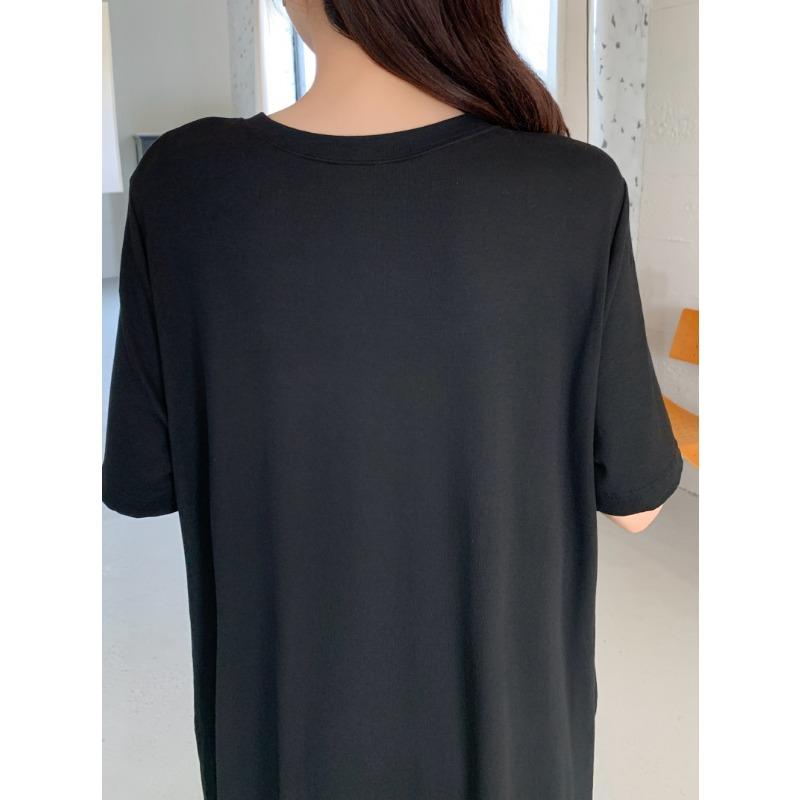 DIMANAF 2025 Plus Size Dress Women Summer Spliced Vintage Dress Basic Printing Long Loose Casual Black Dress