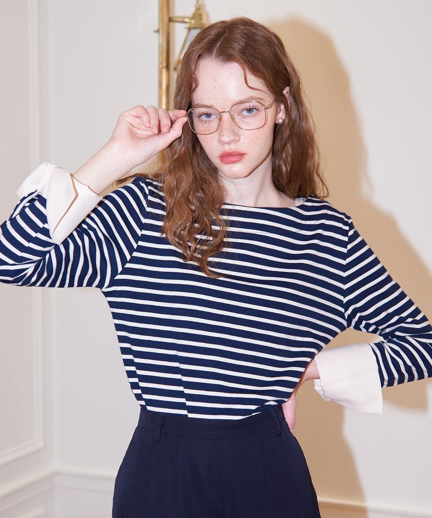 SALON DE YOHN Stripe Cuffs T_ Navy+Ivory