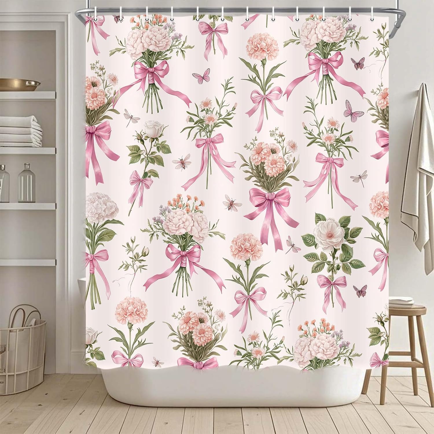

Boho Floral Shower Curtain Blue Bow Wildflower Shower Curtain,Elegant Botanical Floral Leaf Bathroom Flower Plants Bath Curtains W60H190(CM)-1 Pcs