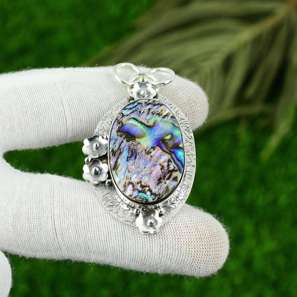 Natural Abalone Shell Gemstone Pendant 925 Sterling Silver Indian Jewelry