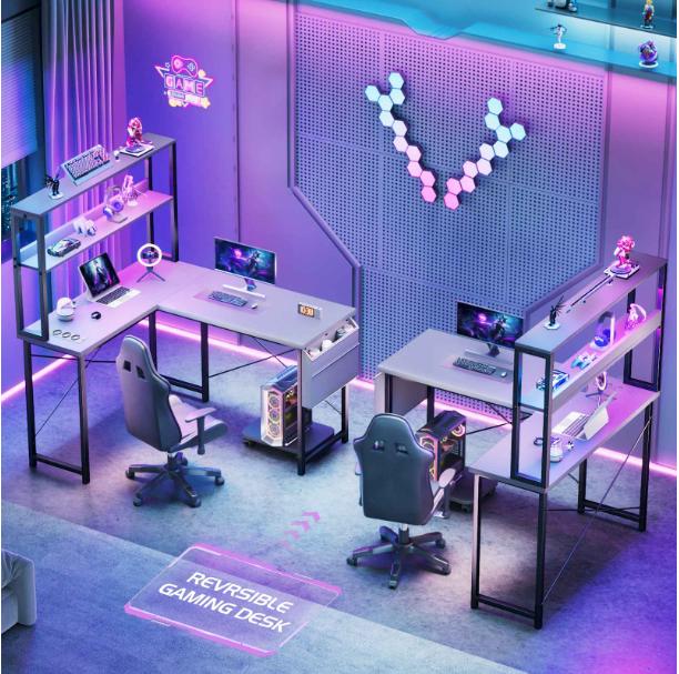 White Reversible L-Shaped Gaming Desk with LED Lights, Power Outlets and Storage Hutch