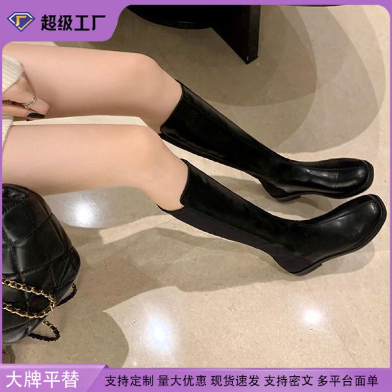 Grape Mother Korean Version Boots Splicing Design Square Head Thick Heel High Tube But Knee Thin Boots Knight Boots Women's Autumn and Winter