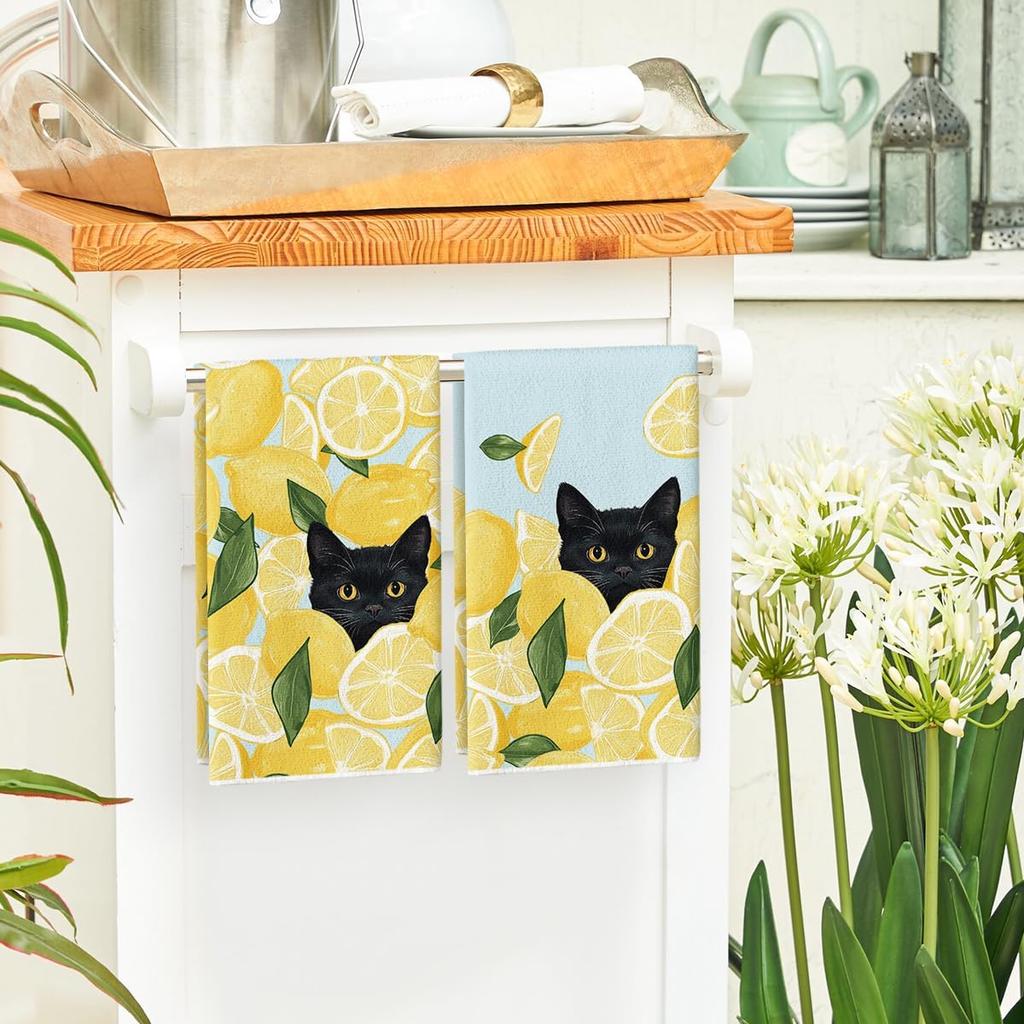 Artoid Mode Yellow Lemon Black Cat Summer Kitchen Towels Dish Towels, 18x26 Inch Leaves Farmhouse Summer Seasonal Decoration Hand Towels Set of 2