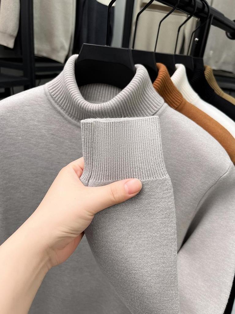 Men's Fashionable Thick Knit Pullover with Double-Fold High Neck, Fleece-Lined for Warmth, Solid Color, Perfect for Middle-Aged and Young Adults.