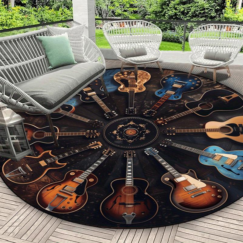 Rock Guitar Round Area Rug, Non-Slip Washable Music Carpet, Vintage Guitar Collection Print Floor Mat for Patio Living Ro