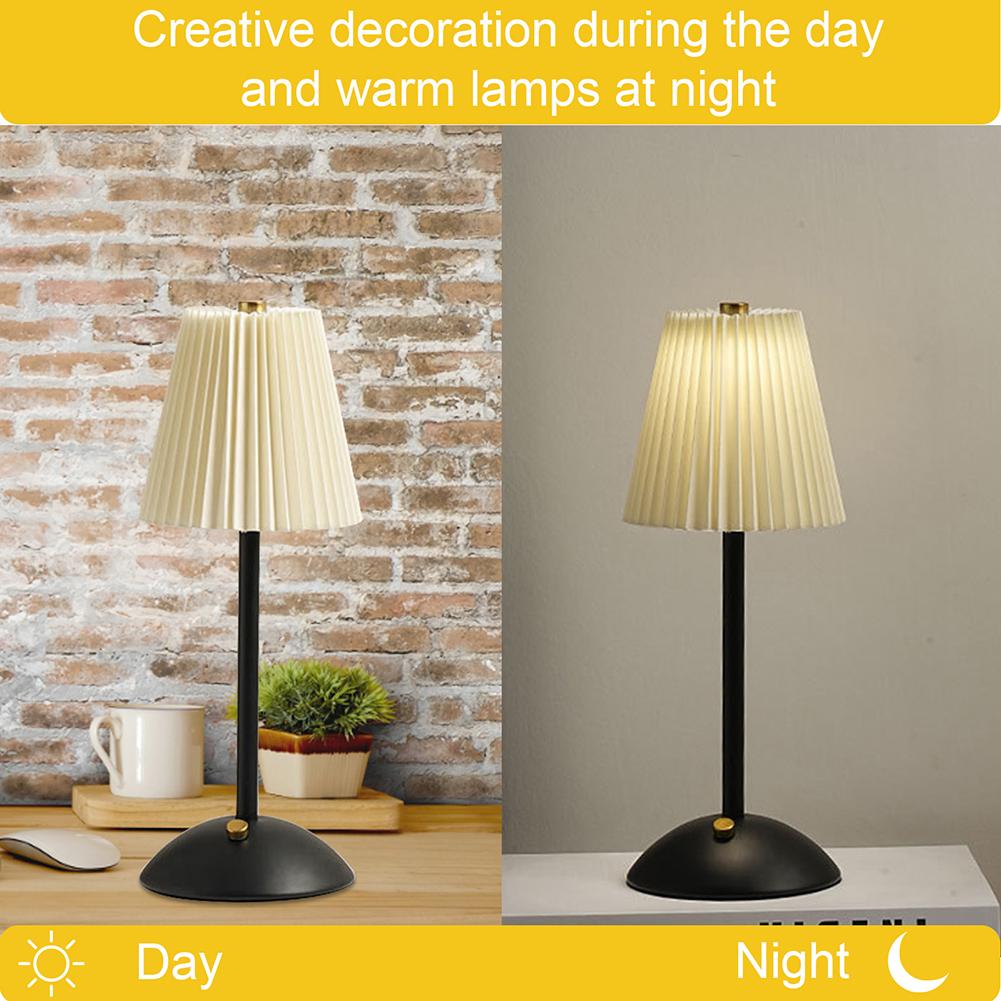 Pleated Shade Nightstand Lamp Soft Light Decorative Light with Metal Base Rechargeable for Living Room Bedroom