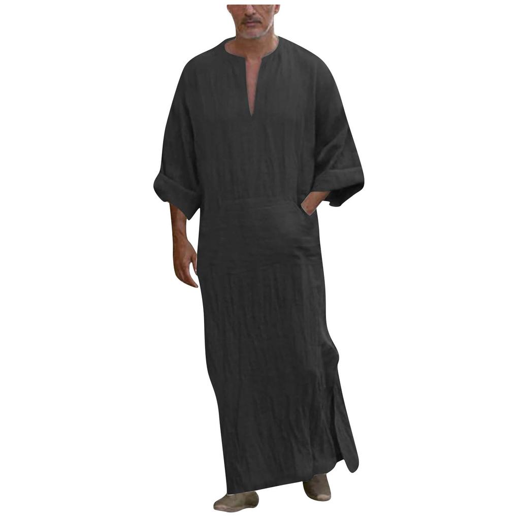 Herren V-Ausschnitt Leinen Robe Kurzarm Kaftan Langes Kleid Freizeithemd für Strand, Sommer