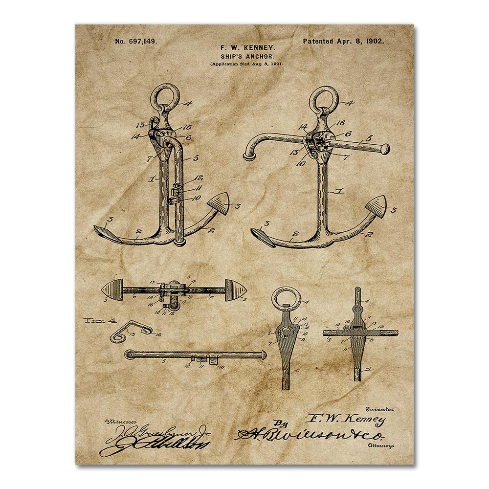 Sailboat Patent Print Vintage Poster Sailor Gifts , Yacht Anchor Ship Wheel Sailing Blueprint Nautical Wall Art Canvas Painting