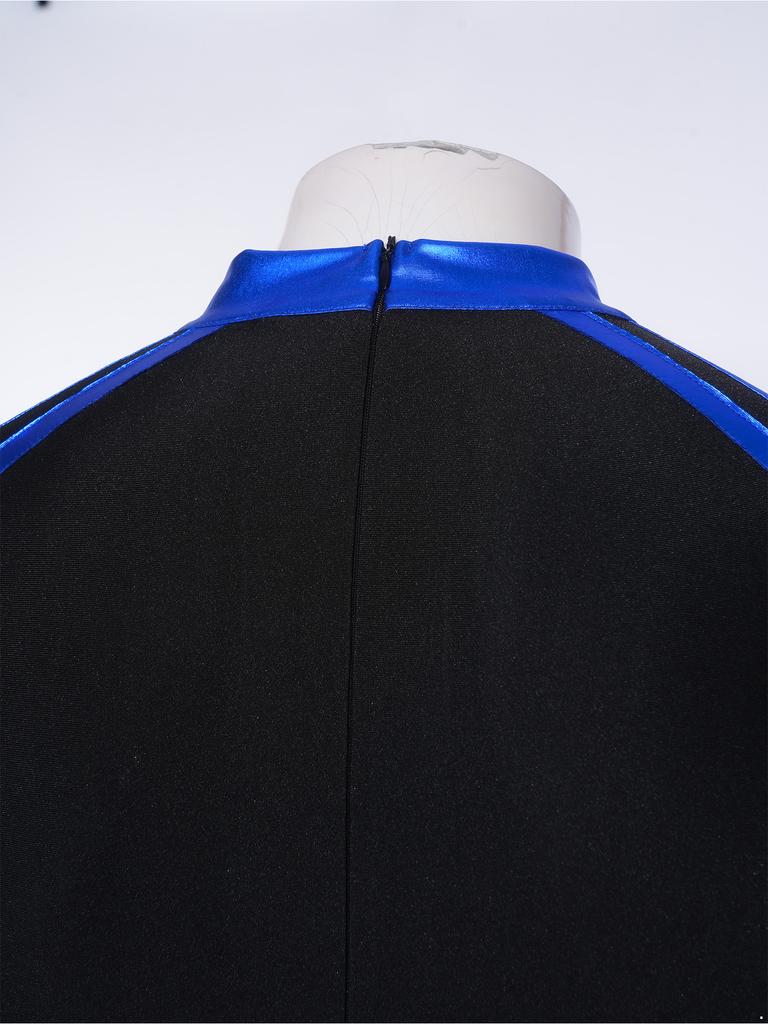 Sparkly Metallic Patchwork V Neck Bodysuit for Men Mesh Long Sleeve Rhinestone Leotard for Latin Ballet Figure Skating Gymnastics Training