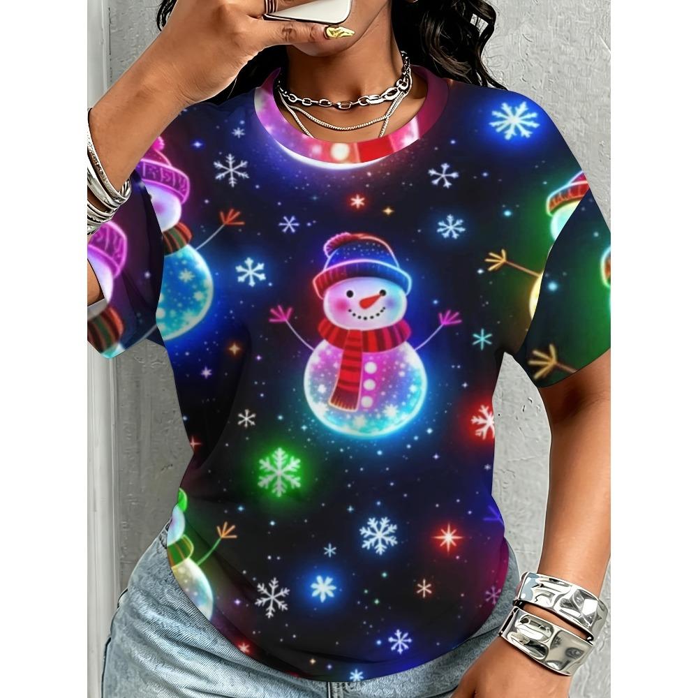 Summer Christmas Snowman Series 3D Print T-Shirt Loose Fit Short Sleeve T-shirt Breathable Women Casual Comfortable Creative Versatile Sports T-shirt