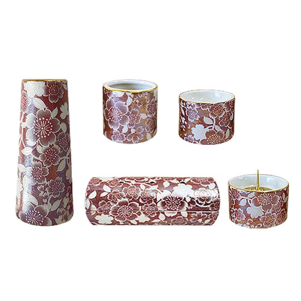 5-Piece Modern Ceramic Buddhist Altar Set "Yui Hana" (Horizontal Cylindrical Incense Burner) Wine Red (j1272-1-1)