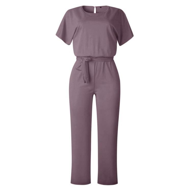 Elegant Women Slimming Jumpsuit with Batwing Short Sleeve and Lace Up Waist Solid Color Commuting Pantis Fashion Outfit