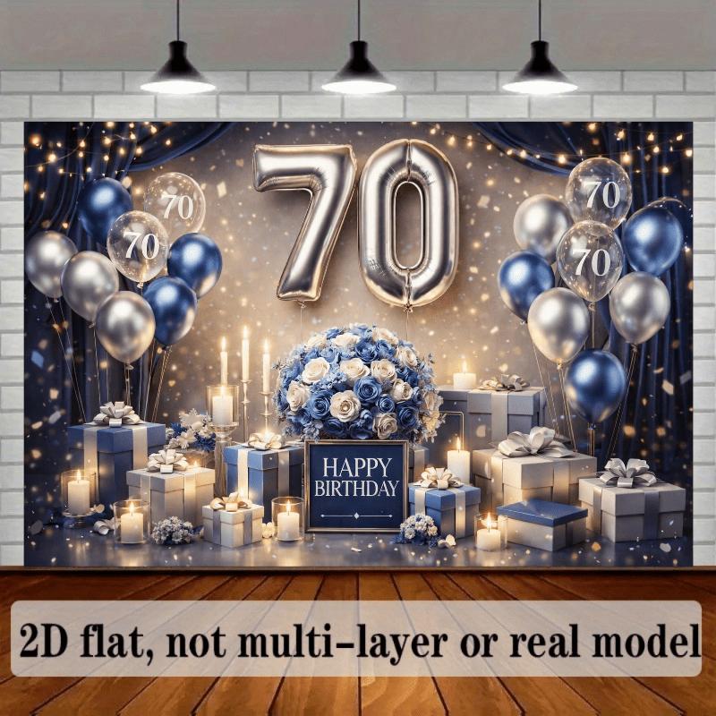 A Vibrant 2D Flat 70th Birthday Backdrop with Silver "70" Balloon Text, Polyester Fabric Holiday Decorations, and Party Supplies