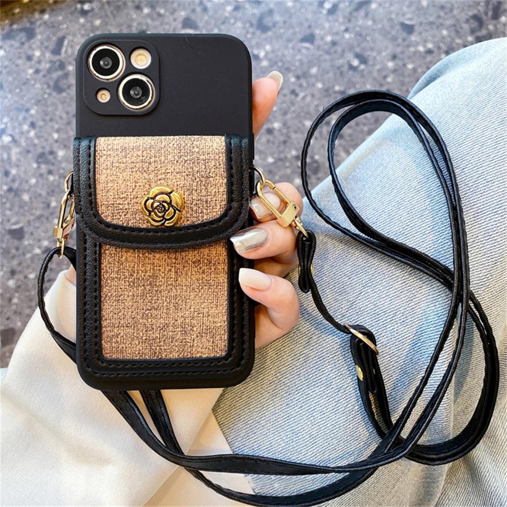 Luxury 3D Camellia Flower Leather Card Bag Crossbody Lanyard Soft Case For iPhone 16 15 14 Pro Max 13 12 11 X XS XR 7 8 Cover