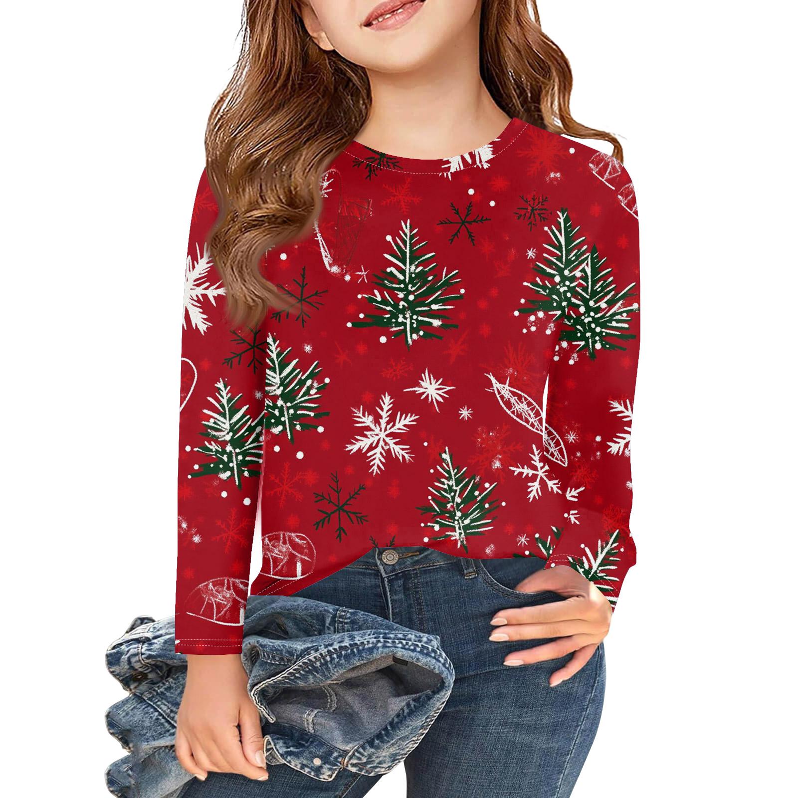 

Рождественские футболки с длинным рукавом для девочек, детские осенние топы с круглым вырезом и принтом, базовые футболки 140 киноварь