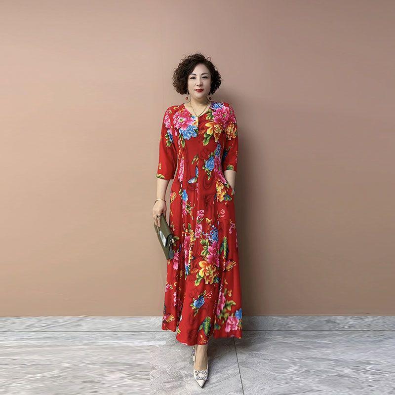 Summer Women's V-Neck Floral Casual Dress Ice Silk Linen High Elastic Long Dress A-Line Plus Size Dress