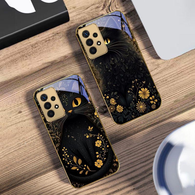 Runde und leuchtende Augen Für Samsung A 01 52S A04 A05S A10 A12 13 22 23 24 36 42 M02 Note 10 20Ultra 8 9 Goldene Glas-Handyhülle