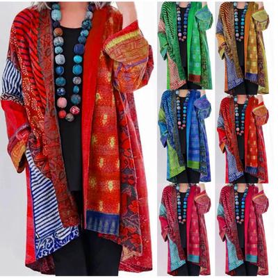 Cardigan Maglia Stile Etnico Largo in Lino Cotone Vintage Stampa Taglia Grande Manica Lunga Cappotto Autunno Inverno Retro Maglione da Donna