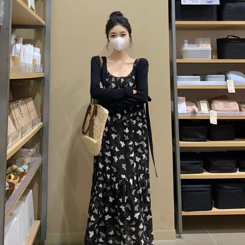 Lazy Wind Temperament Fashionable Loose Casual Butterfly Print Suspender Dress Cardigan Set Floral Two-piece Set Summer