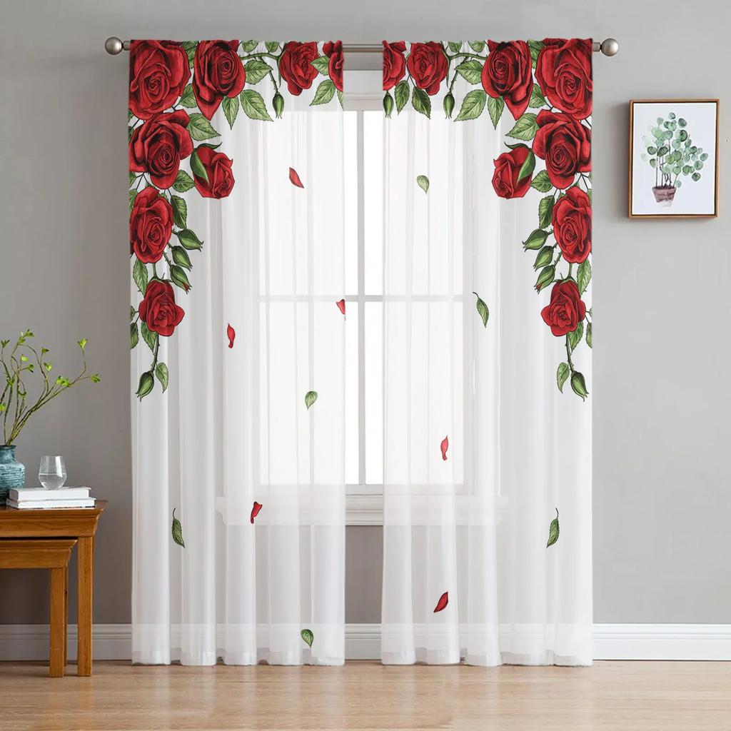 Pink Rose Flower Tulle Sheer Curtains for Living Room Decoration Window Curtain for Bedroom Kitchen Voile Organza Drapes