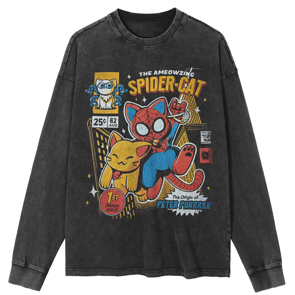 AMEOWZING SPIDER-CAT Graphic Washed Black Tshirt Unisex Tops Tees Long Sleeves Shirts S чёрный 4140₽