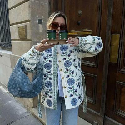 Europäische & Amerikanische Damenmode 2024 Herbst/Winter Bedruckter Schnür-Baumwollgepolsterter Mantel