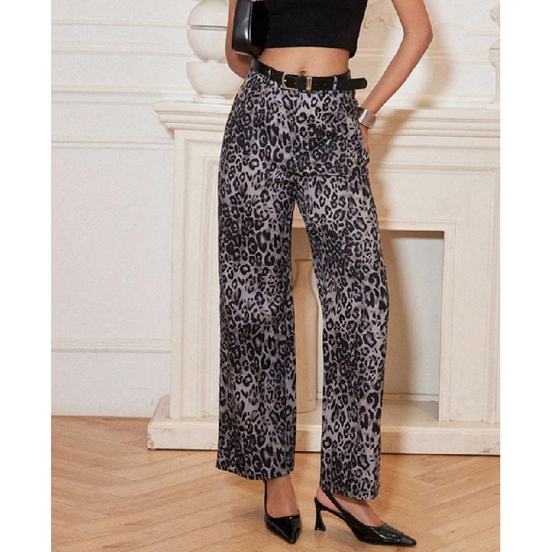 Pantaloni Larghi a Vita Alta con Stampa Leopardo da Donna Primavera 2026, Nuovi Pantaloni Casual Dritti Larghi