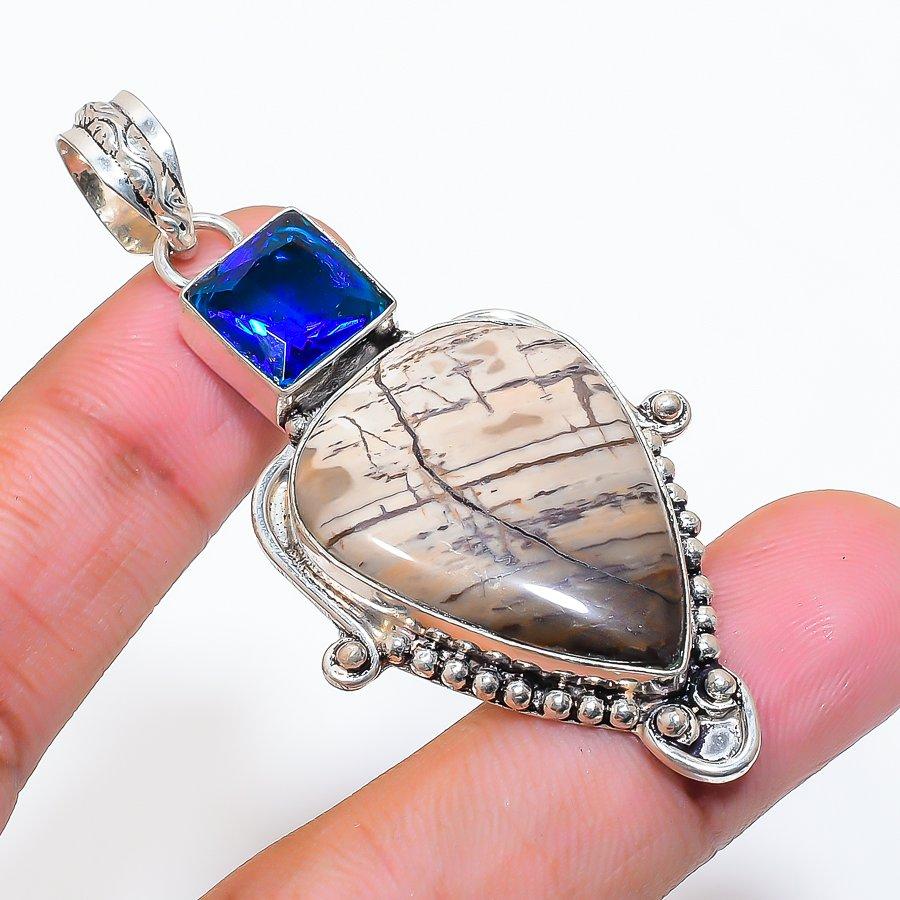Natural Picasso Jasper, Topaz 925 Sterling Silver Jewelry Pendant 2.48" ZS-356