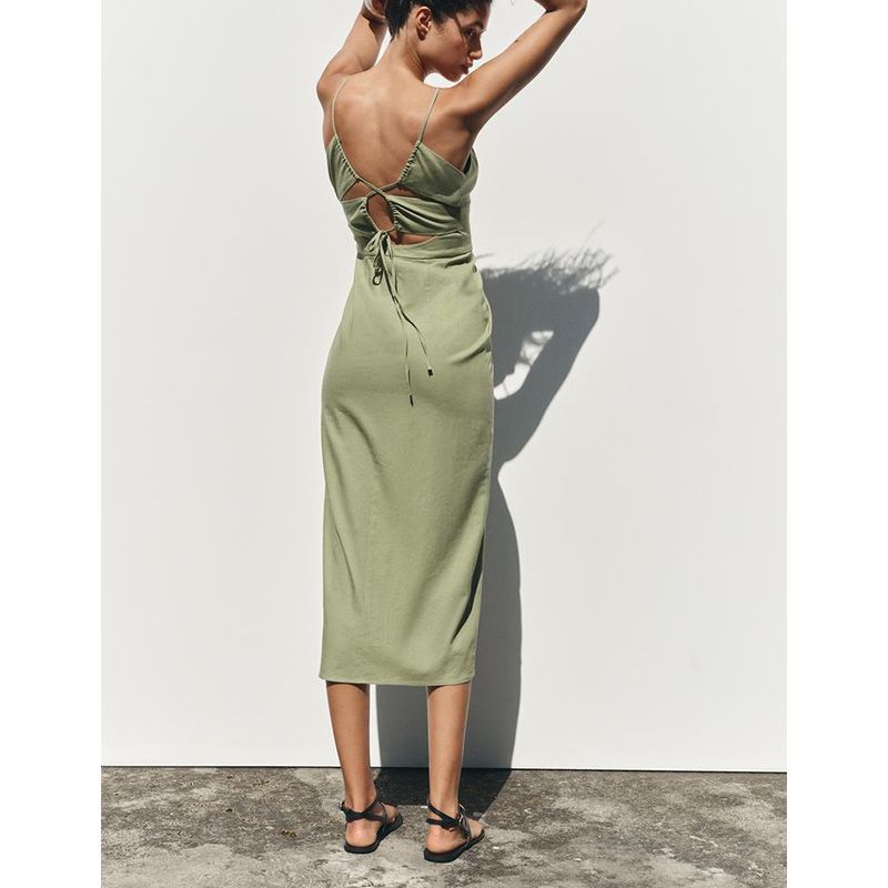 Summer New Product Women clothes European and American Leisure Pleat Decoration V-neck Sling Temperament Midi Dress 8372068