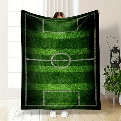 Striped Green Football Field with White Boundary and Center Markings. for All Seasons Blanket Lunch Break Throw Gift