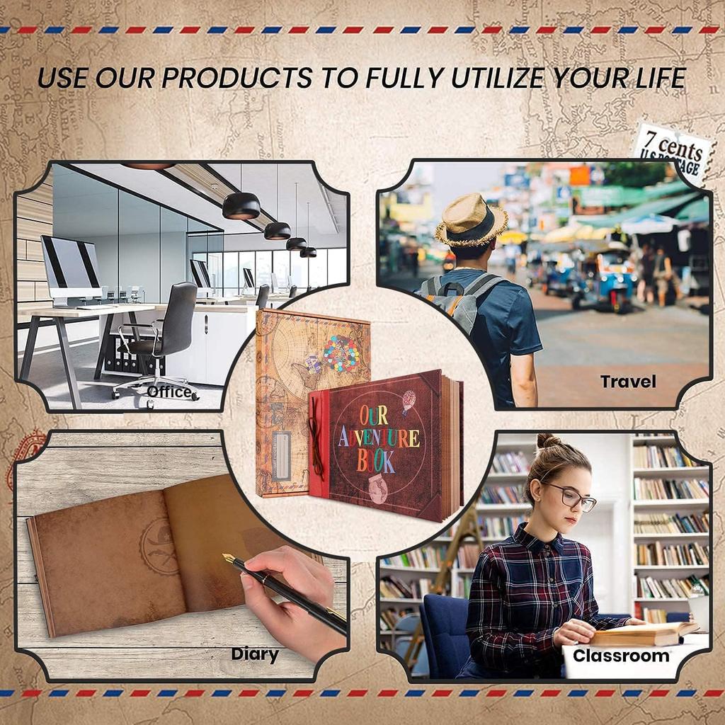 Our Adventure Book Scrapbook Album 11.9 X 7.6 Inch 80pages,3d Retro Embossed Letter Leather Cover Movie Up,Memory Book For Couples,Gifts For