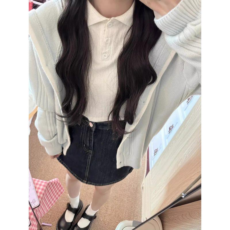 

Korean Series Chic Wear Blue Sailor Collar Knit Sweater Cardigan Outerwear Women Spring and Autumn Lazy Preppy Top Light blue Quality Edition 2XL