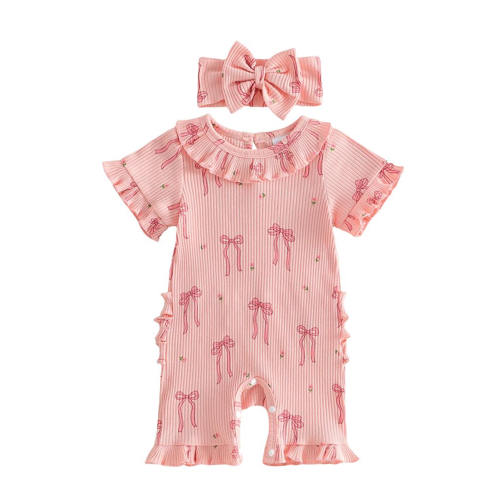 Toddler Girls Floral Print Sleeveless Romper with Ruffled Hem and Matching Headband Set for Summer Outfits