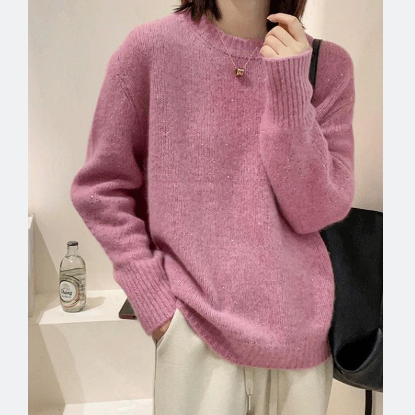 Solid Color Soft Waxy Round Neck Pullover Sweater Women's Autumn and Winter New Niche Bright Silk Bottomed Knitted Sweater Top