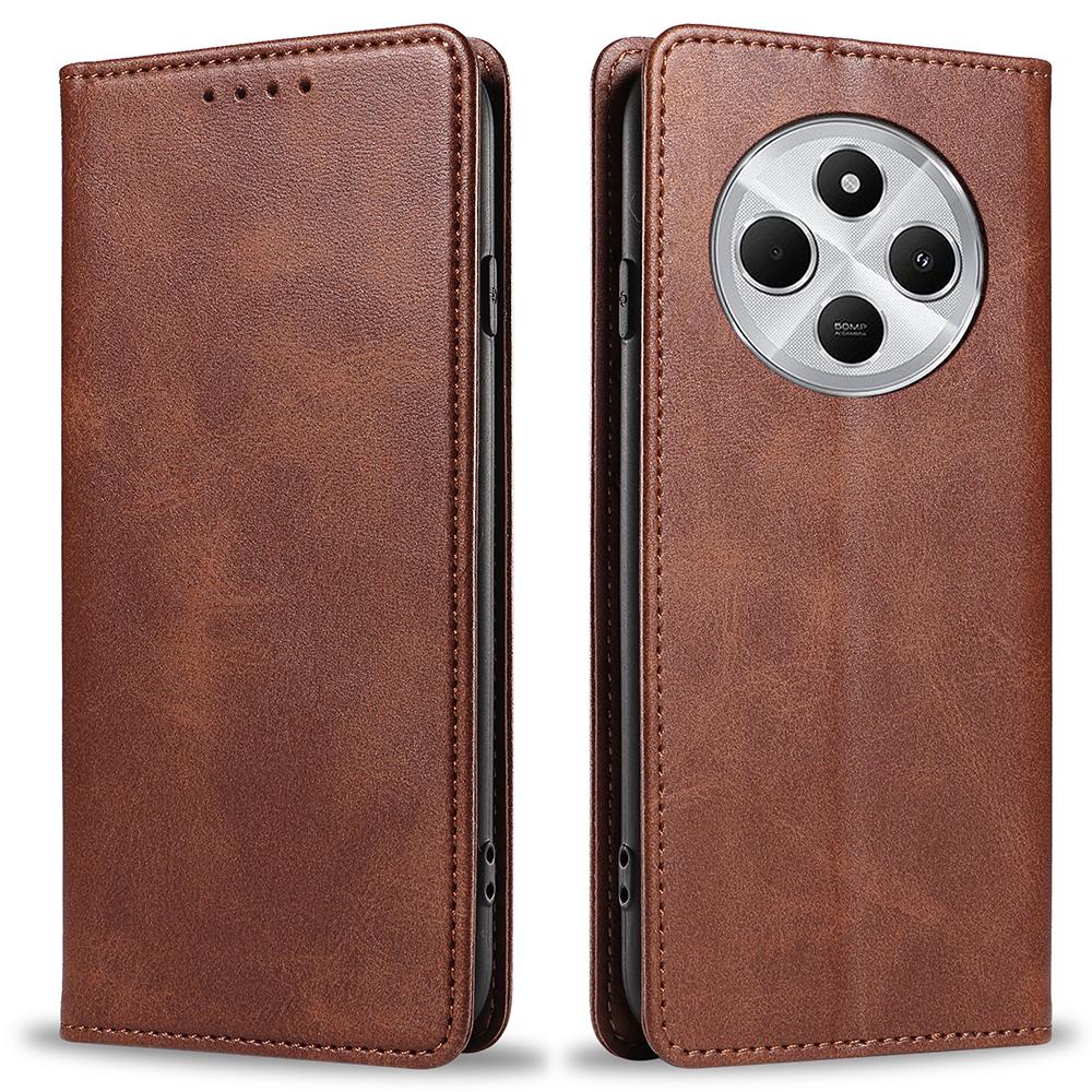 

For Xiaomi Poco C75 4G/Redmi 14R 5G/14C 4G Case Strong Magnetic PU Leather Phone Cover Calf Texture Brown